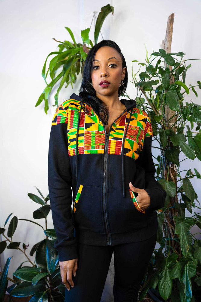 african print sweater. womens zip up hoodie