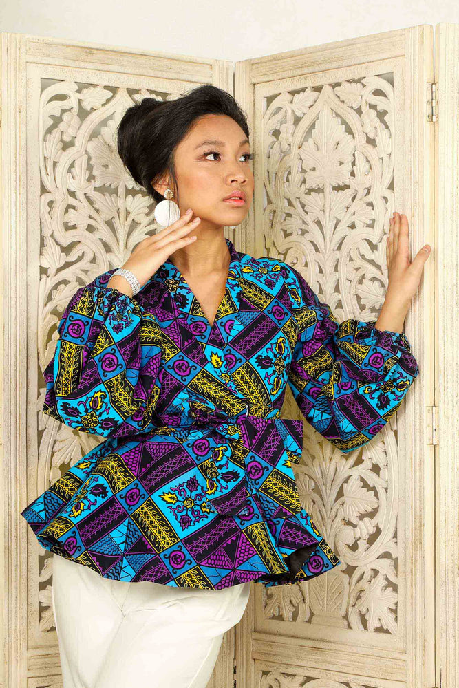 purple african top. Africa top. African peplum to. African print wrap top. African print pelpum blouse. African print peplum top for women.