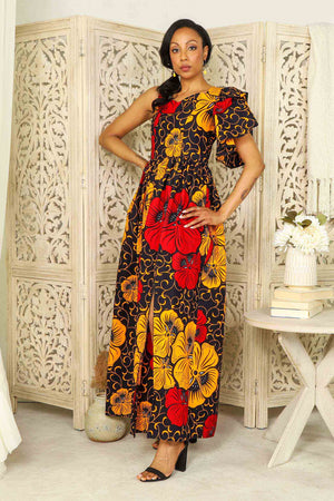 african print long dress. African dress with pockets. Yellow and red Ankara dress. African dress for women