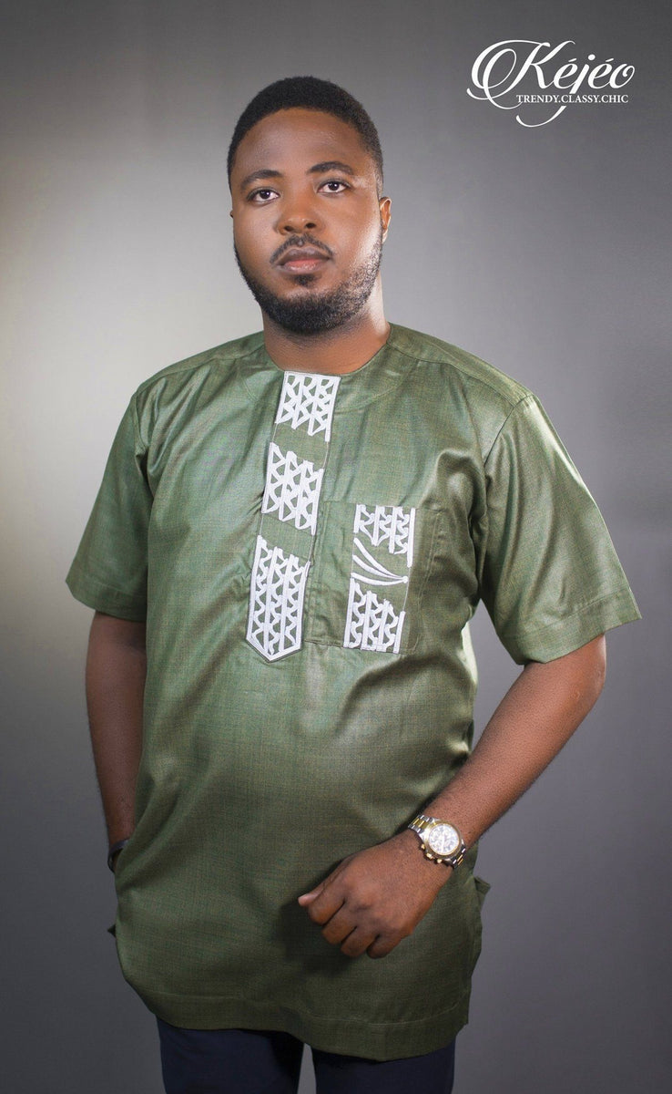 RODI African Print Short Sleeve Men's Shirt Embroidered (Green