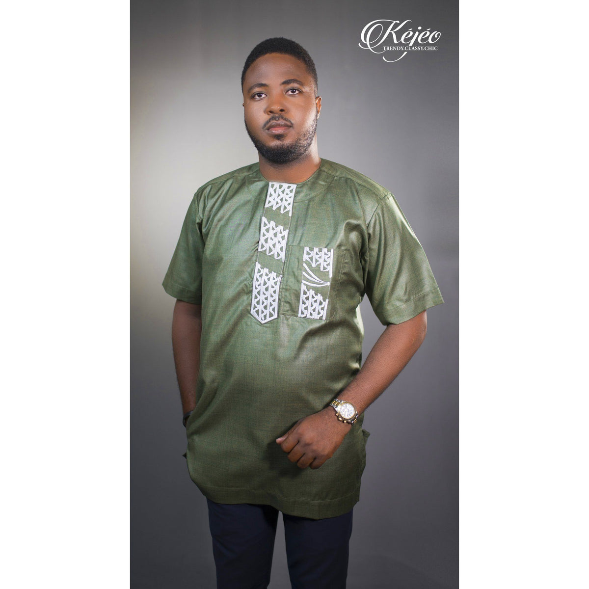 RODI African Print Short Sleeve Men's Shirt Embroidered (Green