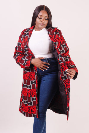 
            
                Load image into Gallery viewer, African print jacket for women. Red and Long African print Jacket for ladies. African clothing for women.
            
        