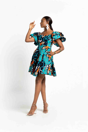 Sally African Print Mini Dress Eye-catching Ruffled Sleeves