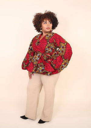 
            
                Load image into Gallery viewer, Long sleeve tops for women. african clothing for women. red blouse for women. Wrap top for women. african tops
            
        