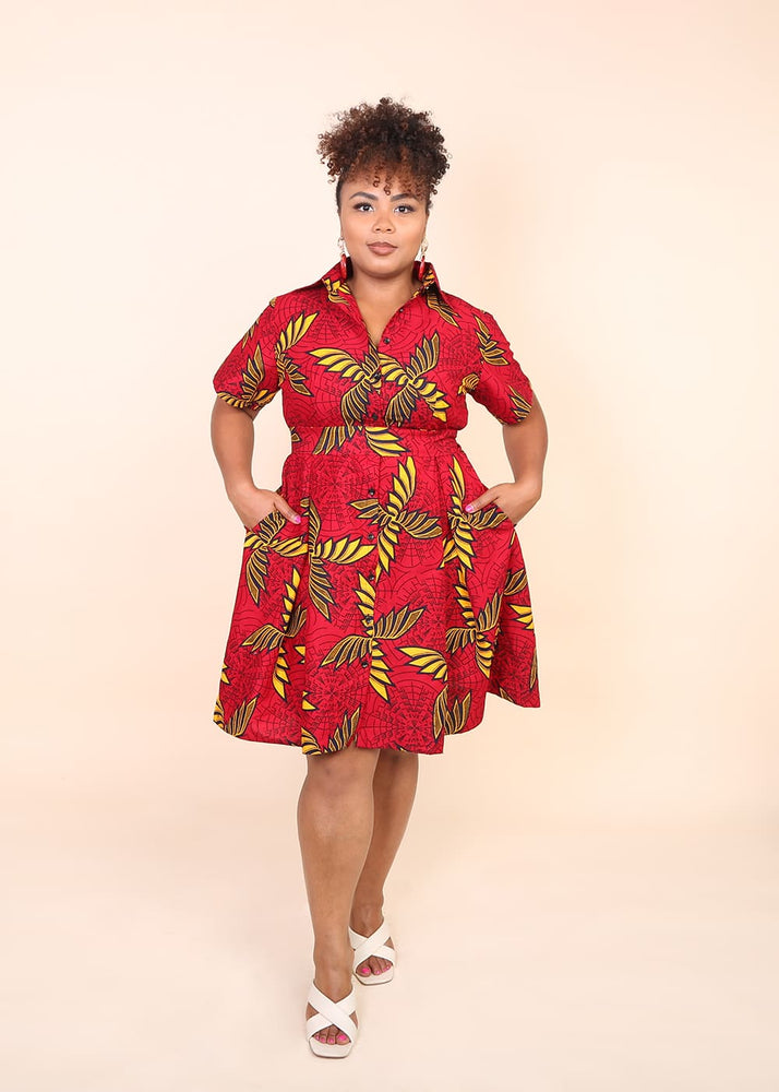 Bintah African Dress. Red African Print Shirt Dress- Kejeo Designs