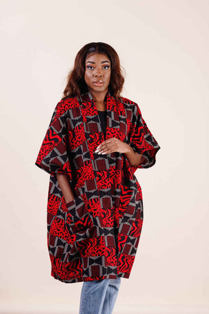 
            
                Load image into Gallery viewer, Mid length kimono. Long jacket for women. Red jacket for women. African clothing for women - Kejeo Designs
            
        