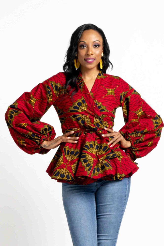 Red top. Long sleeve tops for women. african clothing for women. red blouse for women. Wrap top for women. african tops for women.