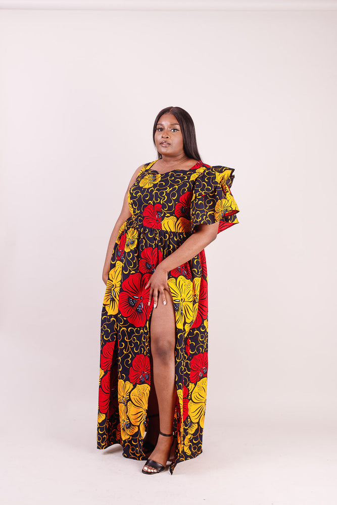 
            
                Load image into Gallery viewer, african print long dress. African dress with pockets. Yellow and red Ankara dress. African dress for women
            
        