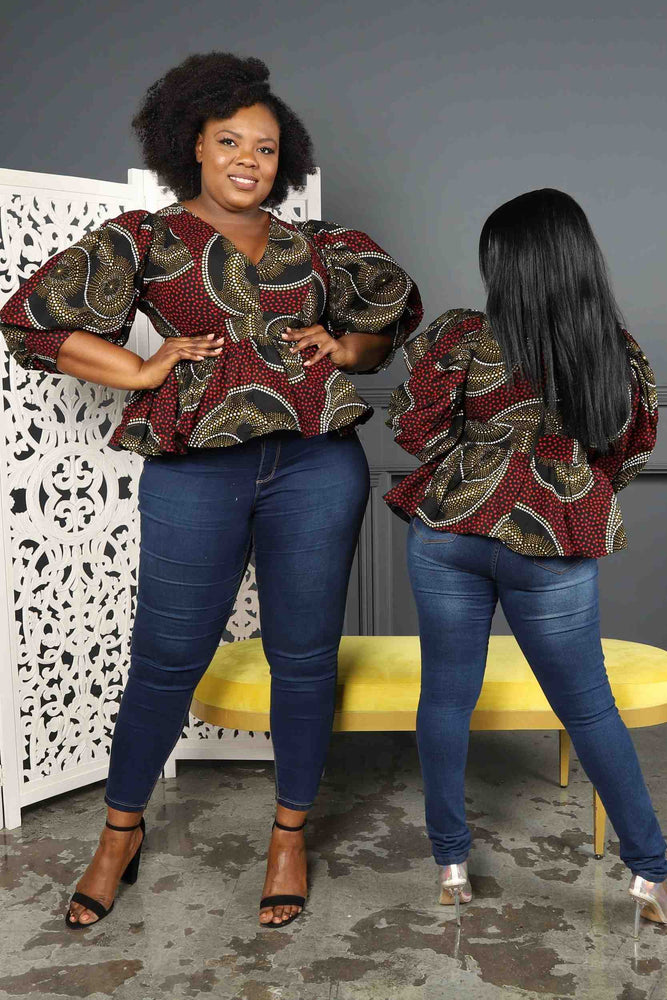 
            
                Load image into Gallery viewer, burgundy top for women. Plus size tops for women. Peplum top for plus size. African top for women.
            
        