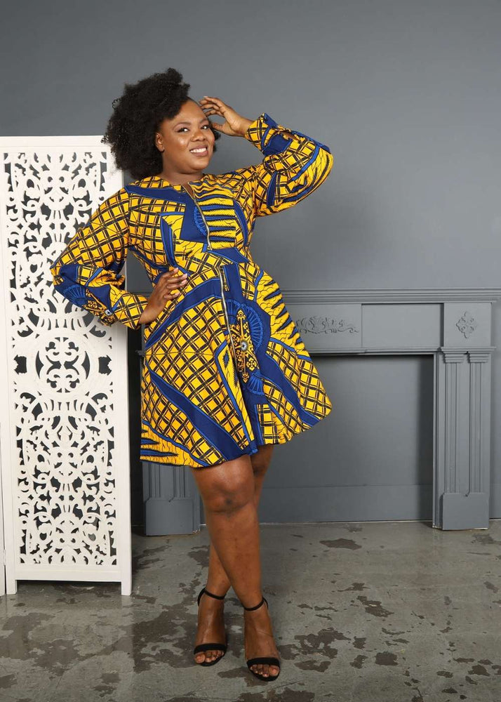 blue and yellow african dress Nkiru African Print Jacket Dress(Yellow & Blue)