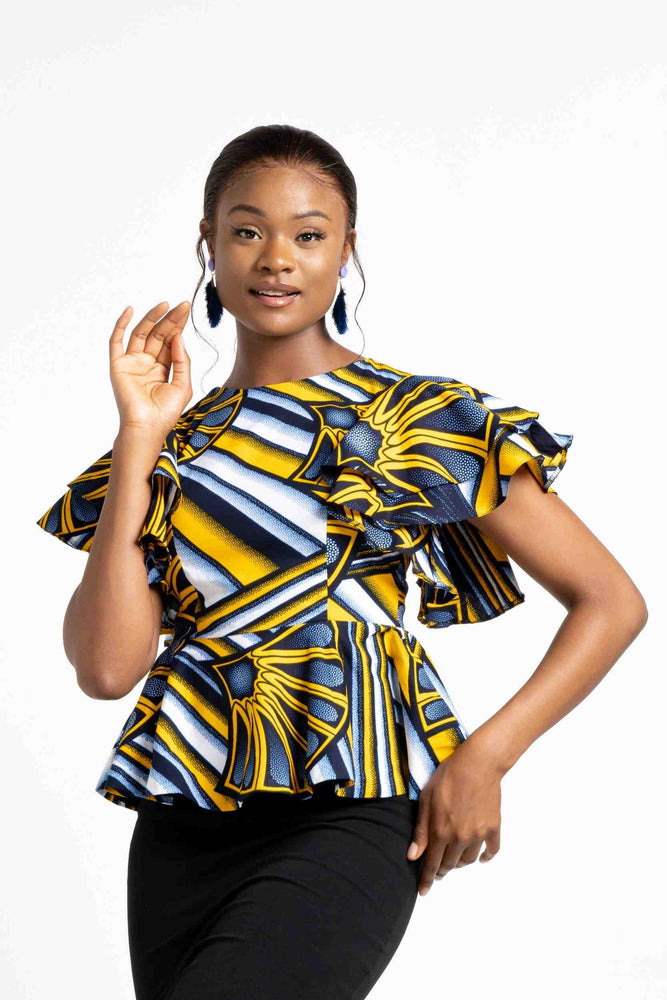 
            
                Load image into Gallery viewer, peplum tops. Peplum tops womens. Yellow peplum tops womens. Africa tops. African tops.
            
        