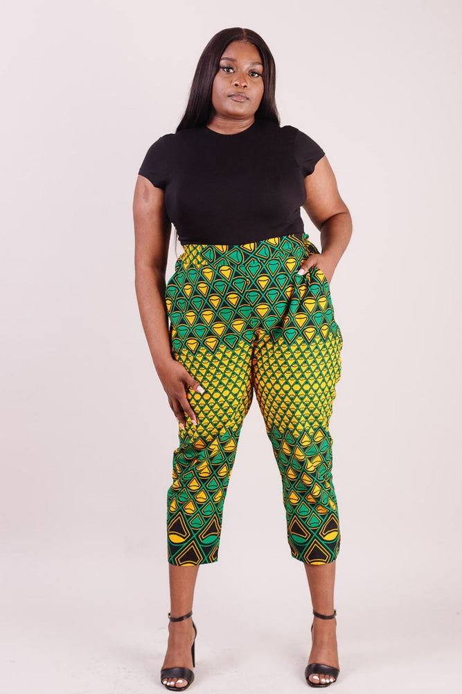 African print pant with pockets. Yellow and green African print pant for ladies. African clothing for women.