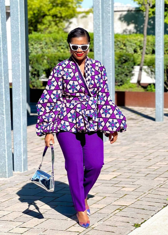 purple top, peplum top, african top, puff sleeve top, african outfit