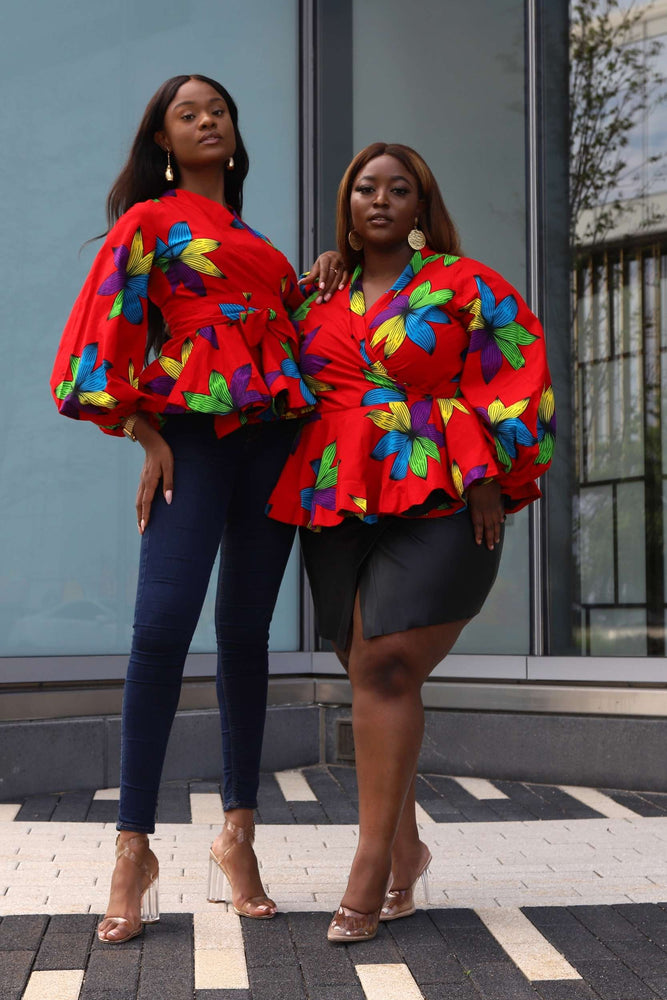 African tops. Red top for women. Floral tops for women. red top. Exaggerated sleeves tops. size inclusize. Plus size fashion. african clothing