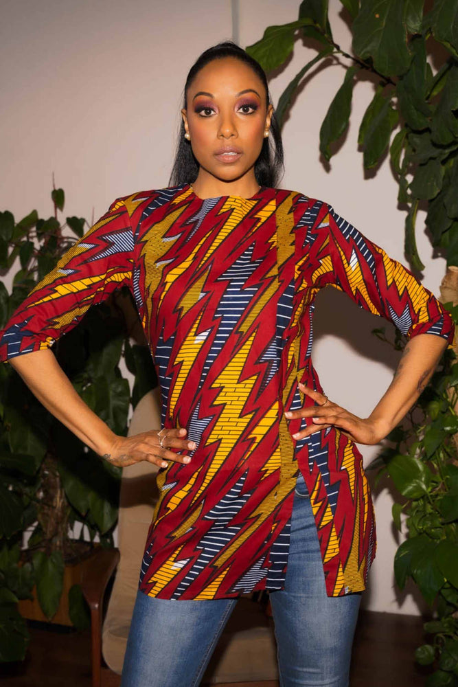 
            
                Load image into Gallery viewer, African clothing. Red Top for women. Red and Yellow long top. African print top for women
            
        