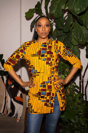 
            
                Load image into Gallery viewer, Yellow long top. African yellow top. 3/4 sleeve tops. African clothing for women.
            
        