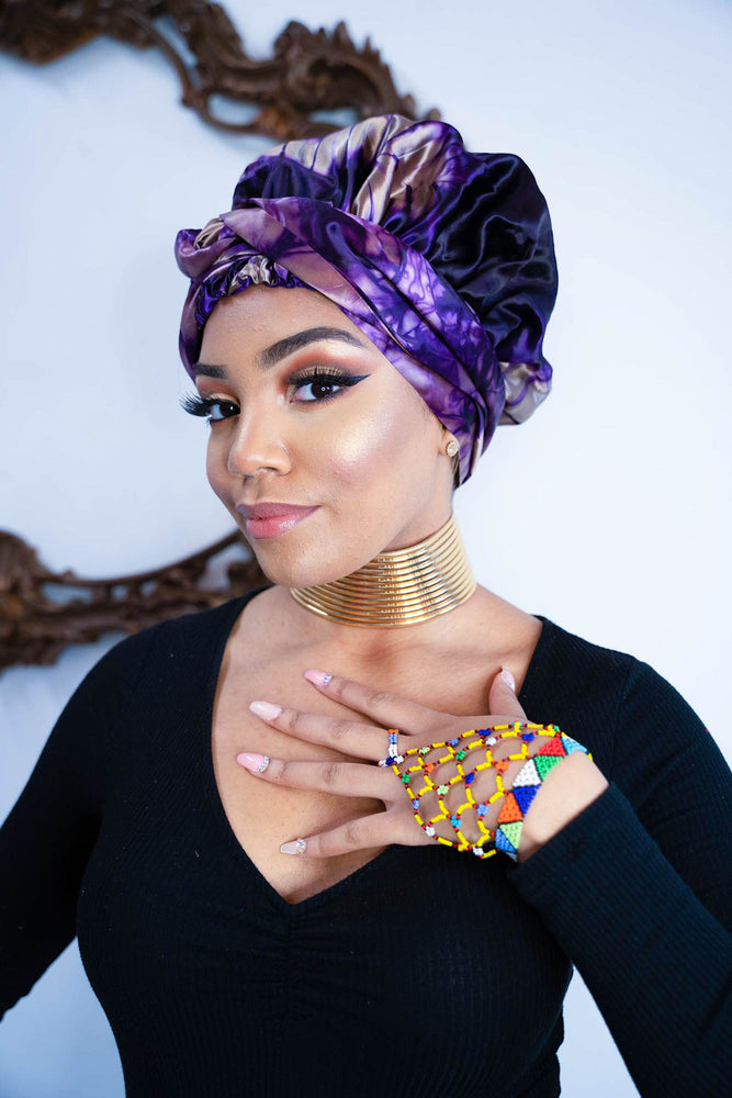 purple bonnet. silk bonnet. African bonnet. african bracelet