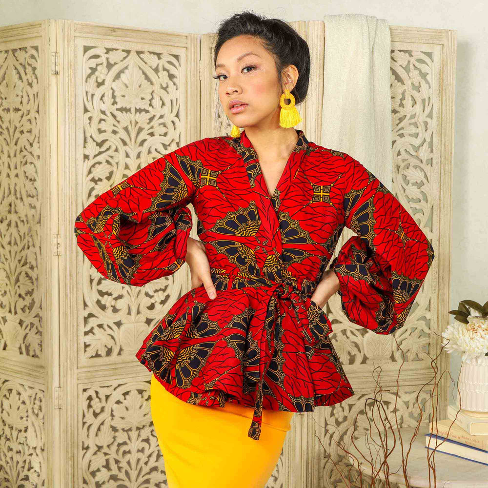 Red african peplum blouse. Red floral peplum jacket. Puff sleeve peplum blazer. Puff sleeve peplum top.