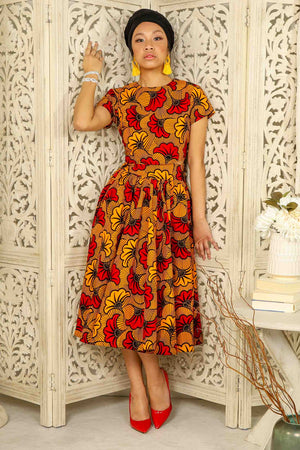 African midi skirt. Fleur de marriage. Africa skirt. Africa print skirt. floral midi skirt. Red and Orange midi skirt. African skirt for women with pockets
