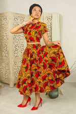 African midi skirt. Fleur de marriage. Africa skirt. Africa print skirt. floral midi skirt. Red and Orange midi skirt. African skirt for women with pockets.