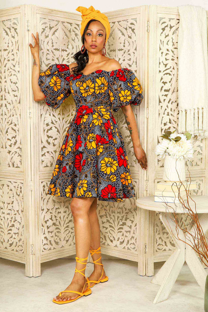 RACHELLE African Print Mini Dress (Puff Sleeves)