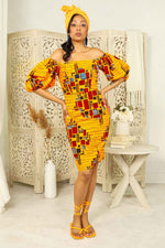 Yellow Pencil dress for women. Yellow dress for women. Yellow ankara dress. Yellow African dress for women. African dress for women. Ankara dress for women. Yellow and red african print dress. African pencil dress. Yellow dress with puff sleeves.