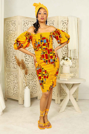 
            
                Load image into Gallery viewer, Yellow Pencil dress for women. Yellow dress for women. Yellow ankara dress. Yellow African dress for women. African dress for women. Ankara dress for women. Yellow and red african print dress. African pencil dress. Yellow dress with puff sleeves.
            
        