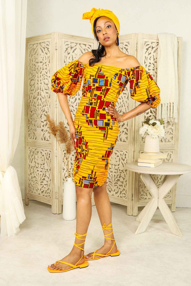 Yellow Pencil dress for women. Yellow dress for women. Yellow ankara dress. Yellow African dress for women. African dress for women. Ankara dress for women. Yellow and red african print dress. African pencil dress. Yellow dress with puff sleeves. SHort dresses for women. African short dresses.