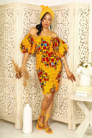 
            
                Load image into Gallery viewer, Puff sleeve Pencil dress for women. Yellow dress for women. Yellow ankara dress. Yellow African dress for women. African dress for women. Ankara dress for women. Yellow and red african print dress. African pencil dress. Yellow dress with puff sleeves.
            
        