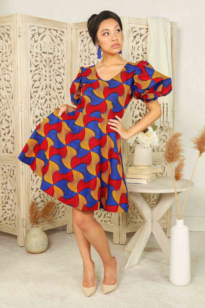 Blue african dress puff sleeves. Red mini dress. African dress with puff sleeves. African print mini dress with pockets.