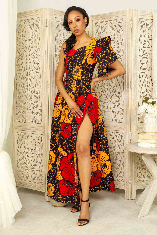 african print long dress. African dress with pockets. Yellow and red Ankara dress. African dress for women