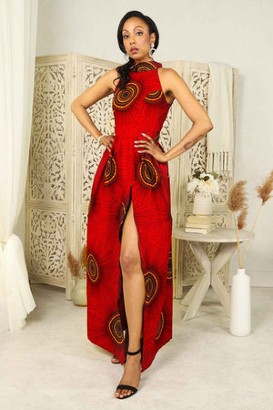 Halter neck red african maxi dress