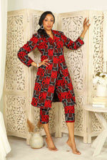 Red and Black African jacket for women with matching pant. Red African blazer for women.