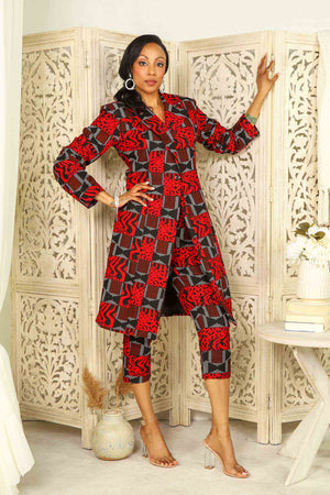 
            
                Load image into Gallery viewer, Red and Black African jacket for women with matching pant. Red African blazer for women.
            
        
