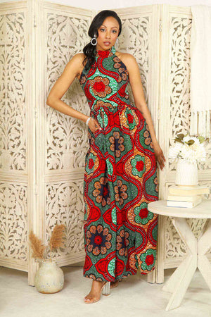 Red African dress. African maxi dress. Green and Red African long dress for women. African print long dresses