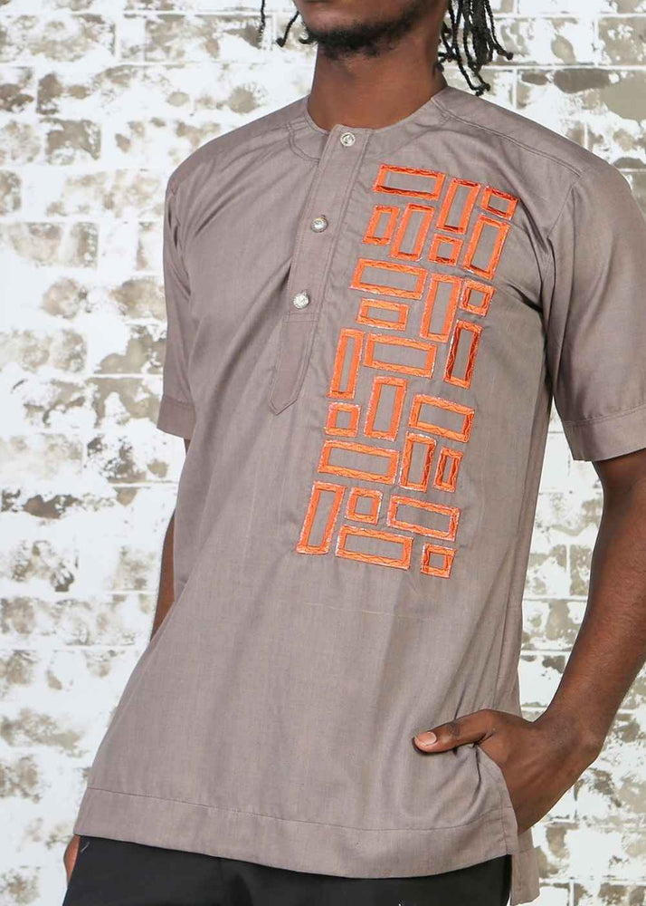 ISAAC African Print Short Sleeve Men's Shirt Embroidered (Brown)