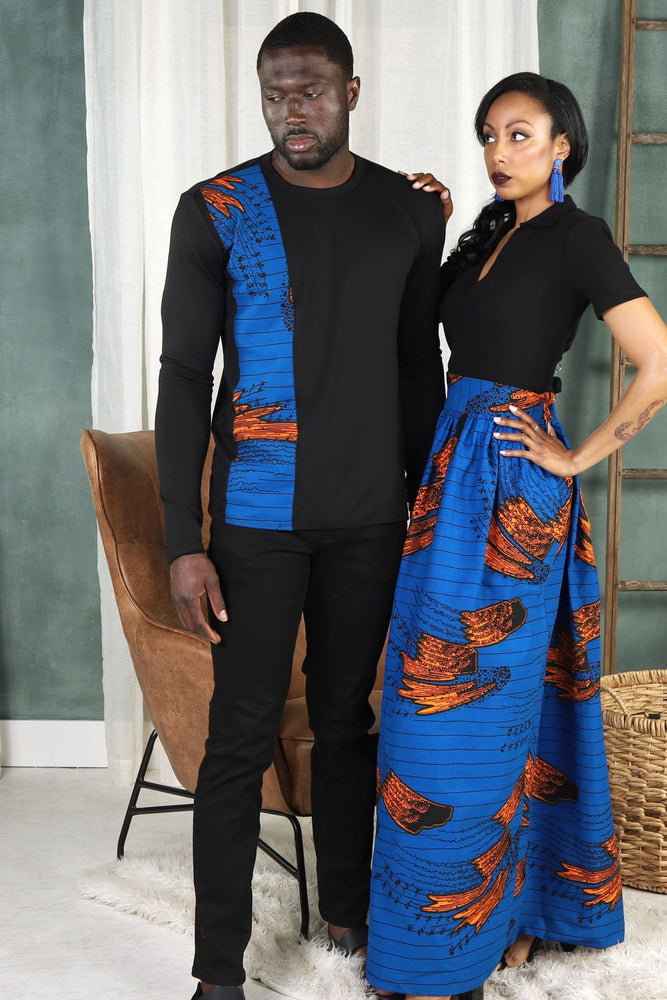 couple outfits. Blue maxi skirt for women. Long sleeve shirt for men. Outfit for men and women. African maxi skirt. Blue long skirts for women.