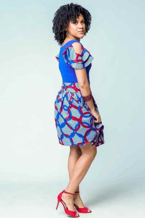 African print mini dress for women. African short dress for women. Blue African mini dress for women.