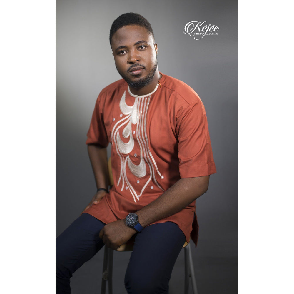 BOSCO African Print Short Sleeve Men's Shirt Embroidered (orange