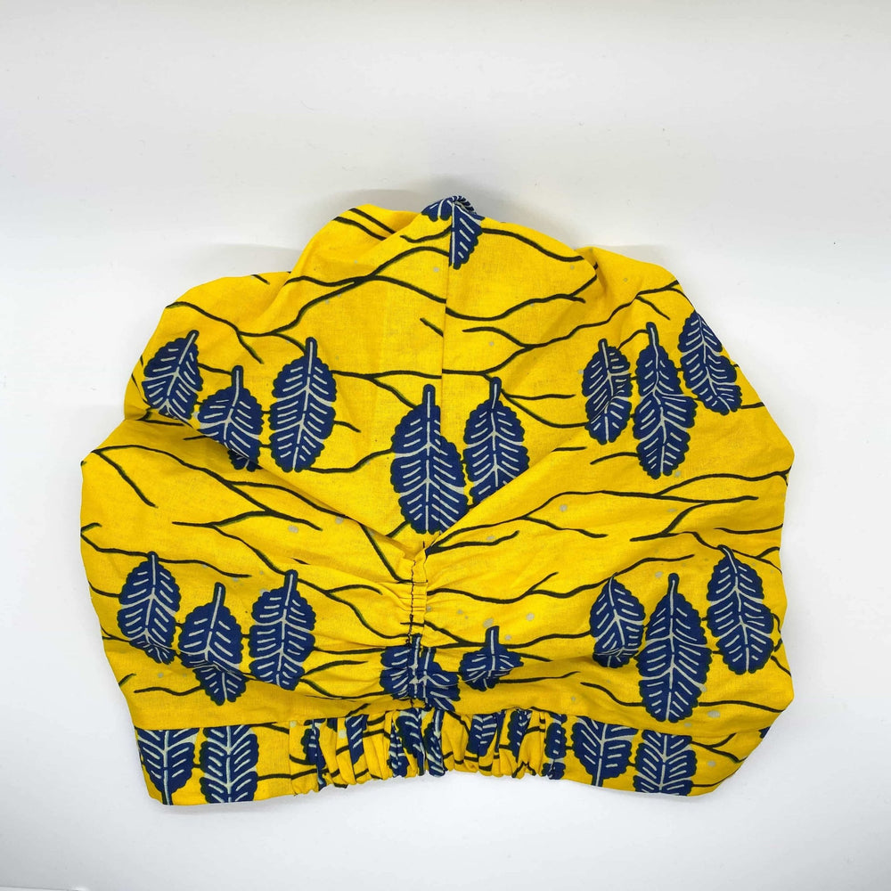
            
                Load image into Gallery viewer, MINA African Print Bonnet Set (ball Knot) (Yellow and Navy Blue) - KEJEO DESIGNS
            
        