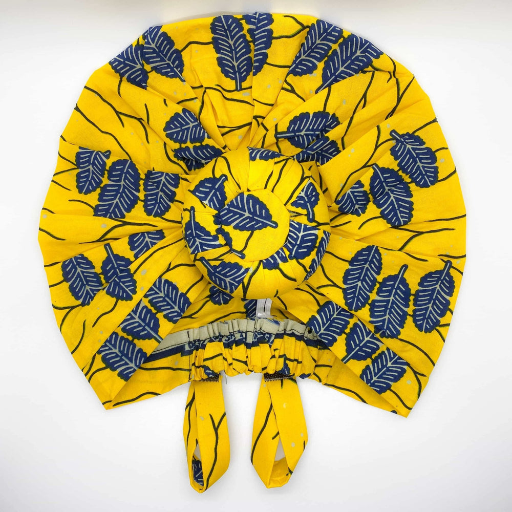 MINA Ankara Bonnet Set (ball Knot) (Yellow and Navy Blue) - KEJEO DESIGNS