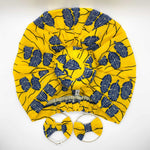 MINA African Print Bonnet Set (ball Knot) (Yellow and Navy Blue) - KEJEO DESIGNS