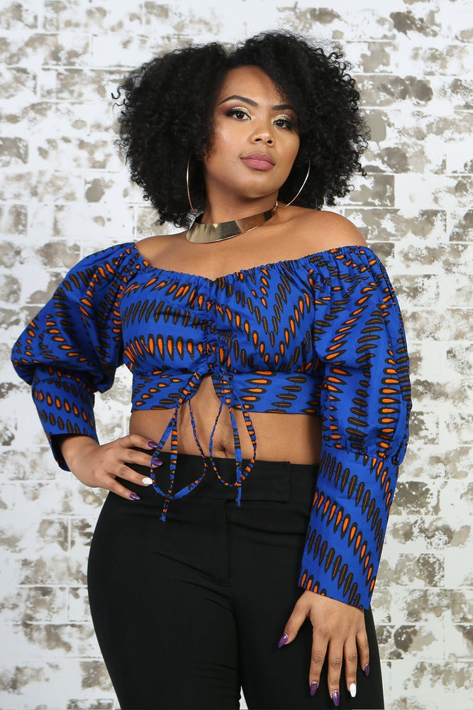 BLUE ANKARA PRINT CROP TOP PAIRED WITH A BLACK PANT - KEJEO DESIGNS 