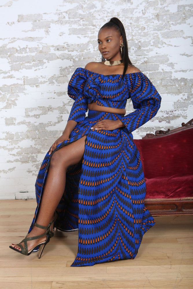 African Print Maxi Skirt and African Print Blue Crop top Long Sleeve-KEJEO DESIGNS