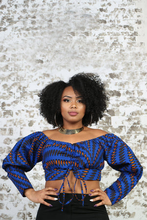 African Print Off the Shoulder Crop top in Blue with Long Sleeves- KEJEO DESIGNS